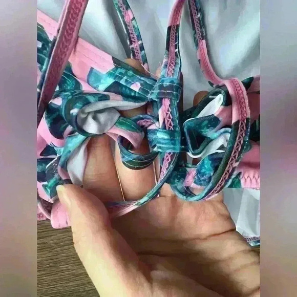 Women’s Tropical Leaf Pink Tube Top Bathing Suit Strapless Swimsuit Medium - Picture 9 of 9